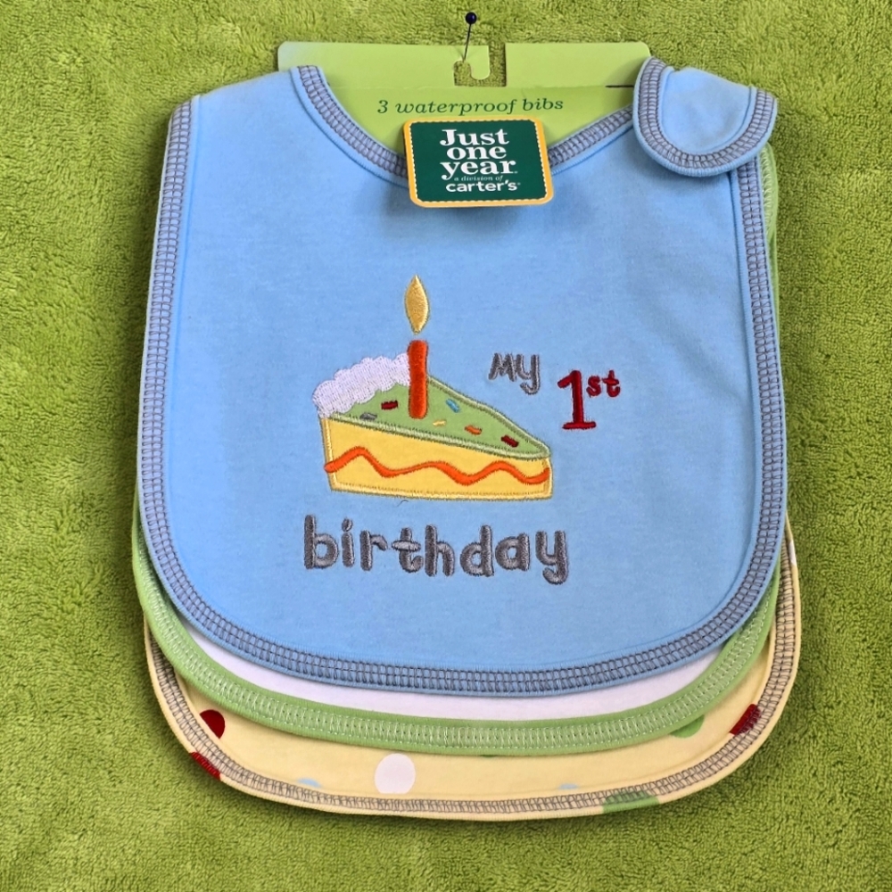NWT 3x1st first Birthday BIBS set  Baby BOY Carter’s Waterproof Let's Party (Q6)